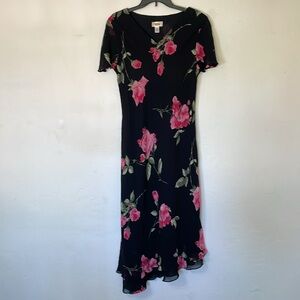 Vintage Talbot's Black Pink Floral Asymmetrical Feminine Flutter Sleeve Dress